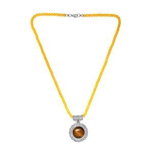 South African Tiger's Eye Pendant with Yellow Quartzite Beaded Necklace 20 in